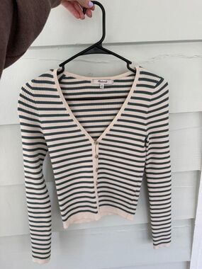 Madewell Striped Rib-Knit V-Neck Cardigan - Cream & Dark Green